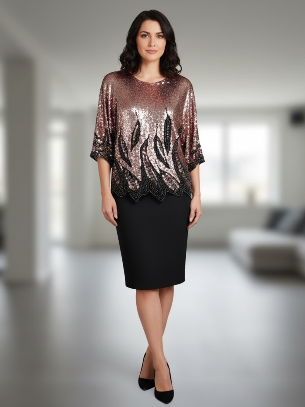 Oleg Cassini Rose Gold Sequin Long-Sleeve Blouse with Black Leaf Accents